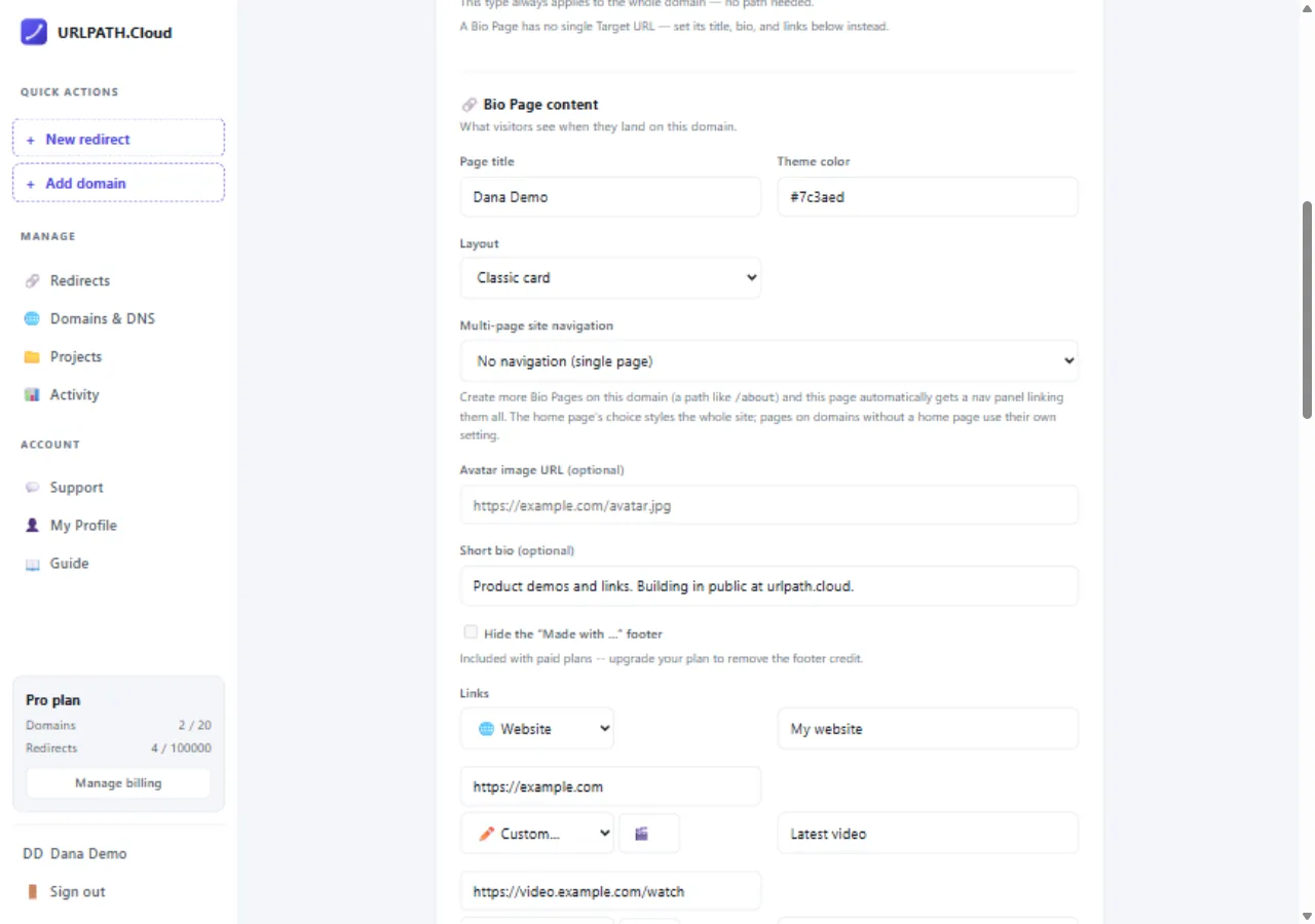 Redirect editor showing the Bio Page content: title, theme color, avatar, short bio and link buttons with an icon picker
