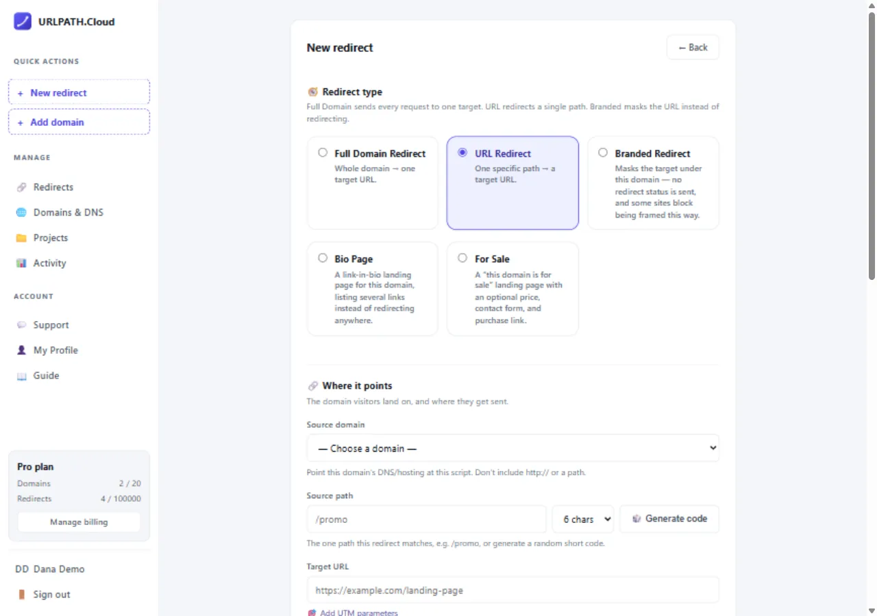 New redirect form: the five redirect type cards and the source domain, path and target URL fields